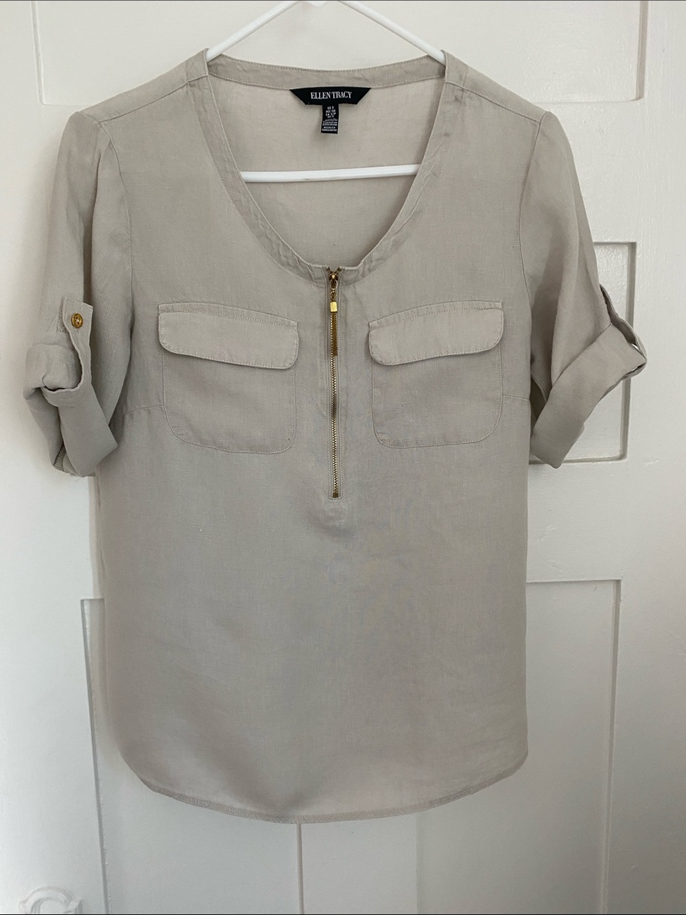Ellen Tracy Light Taupe Zip-Front Roll-Tab Sleeve Blouse
